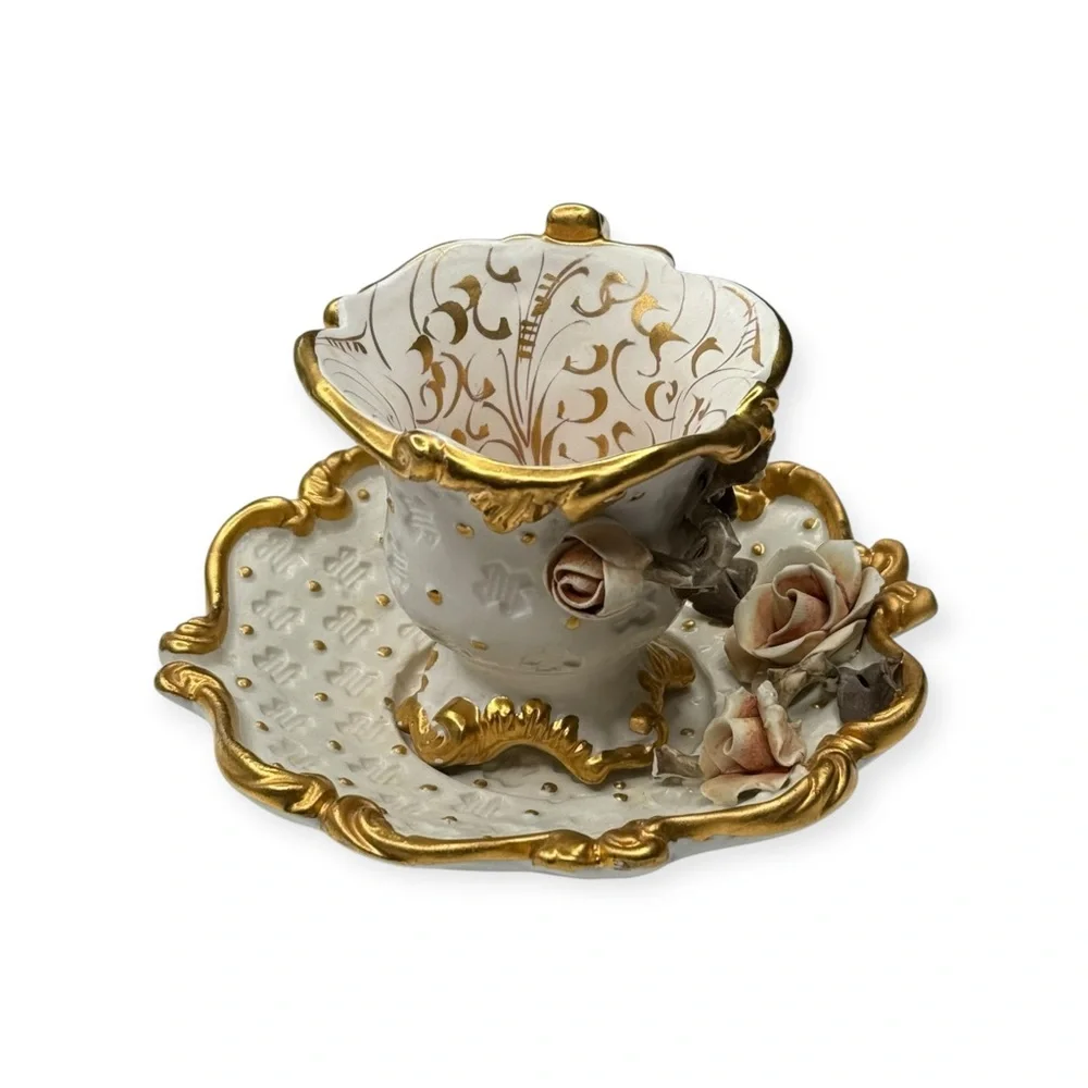 Antique: Benrose ❀ Capodimonte Handpainted Porcelain Flower Teacup Saucer Set ❀
